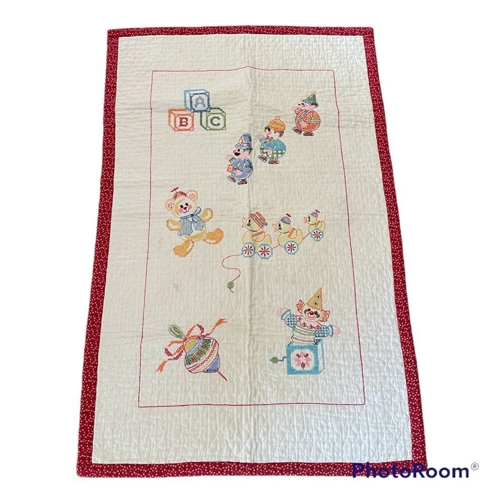 vintage cross stitch quilt chair lap throw clowns ducks blocks red back country